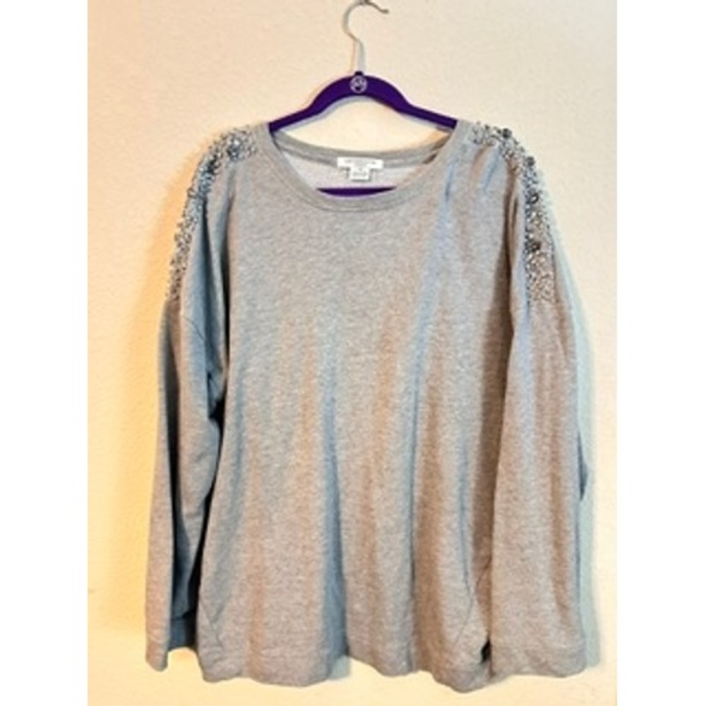 Liz Claiborne Sweatshirt Women's XL Grey  Embellished Sequin Shoulder Top